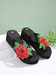 女士花卉装饰人字凉鞋，中跟厚底，舒适设计，适合度假和海滩 - 黑色 - 查看 4