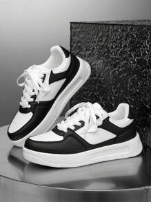 Men's Classic Fashion Colorblock Lace-Up Casual Sneakers, Stylish Outdoor Street Wear Round Toe Thick Sole Low-Top Shoes - White and Black - View 4