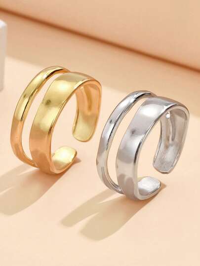 1pc Simple Stackable Smooth Open Band Stainless Steel Rings, Casual Geometric Metal Adjustable Finger Rings, 18K Gold Vacuum Plated, Non-Fading Jewelry For Daily Wear