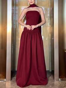Women Summer Bandage Tube Long Dress With Scarf, Bodycon Sexy Elegant Party Dress Evening, Wedding Guest Dress, Formal Dress, Gown, Valentine's Day - Burgundy - View 5