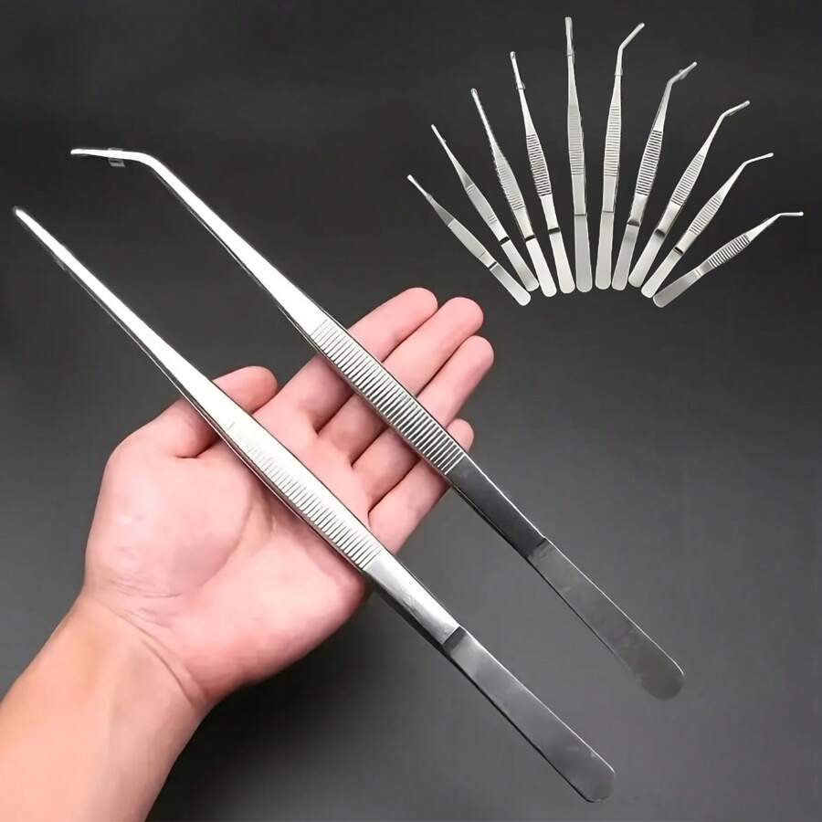 2pcs Set, Straight & Bent Tip Tweezers, Thicker Bent Stainless Steel Tweezers, Gardening/Aquascaping Tweezers With Teeth, Non-Slip Round Head, For Reptile Feeding Tools