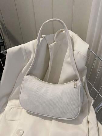 1個 無地コーデュロイ素材 ファスナー開閉式 ファッショナブルな ショルダー ハンドバッグ