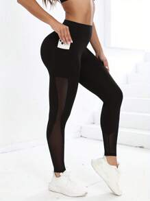 Jambiere yoga de damă cu buzunar din plasă cu talie înaltă, pantaloni skinny fitness pentru controlul burticii