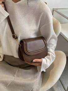 时尚纯色迷你马鞍斜挎包，压纹设计，简约风格女士手提包 - 咖啡 - 查看 4