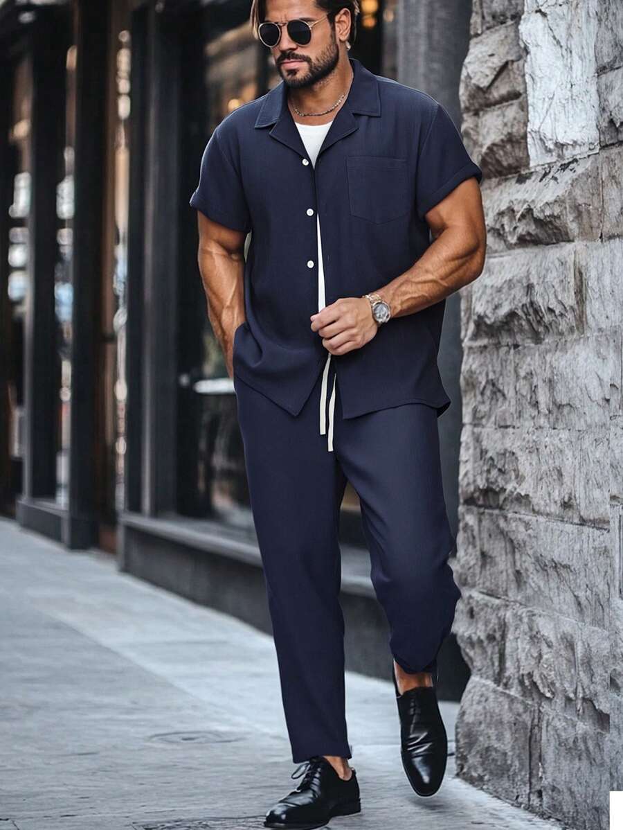 Męska moda klasyczna spersonalizowana jednokolorowa bluzka z kieszenią na jeden rząd z klapą, spodnie ze ściągaczem, odpowiednie na co dzień, odzież uliczną, dojazdy do pracy, lato, nowy zestaw 2 szt.