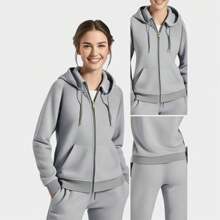 Conjunto De Moletom Feminino Com Ziper Flanelado Casual - Cinza Claro - Visão 1