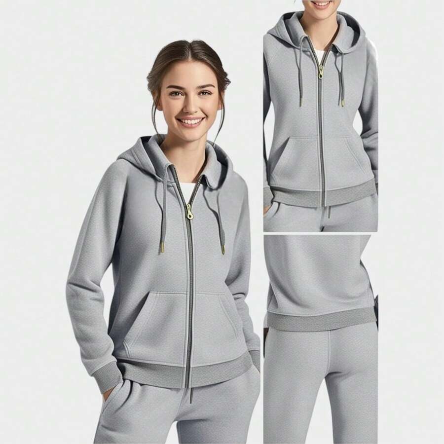 Conjunto De Moletom Feminino Com Ziper Flanelado Casual - Cinza Claro - Visão 1