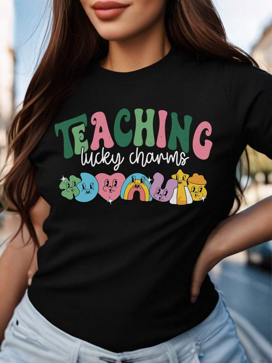 Oversized Style For Women, Teaching Lucky Charms Shirt, Lucky Teacher Shirt, Saint Patrick's Day Teacher Shirt, Teachers Lucky Charms Shirt Gifts, Oversize Type Shirt For Women, Perfect For Holiday Parties Or Gift Giving, Soft And Comfortable - 黑色 - 查看 1