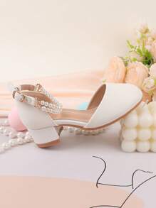 女童珍珠装饰花童婚礼派对芭蕾舞粗跟高跟礼服,舞蹈演奏鞋,钩环花卉日常休闲鞋,适合大中小童 - 白色 - 查看 9