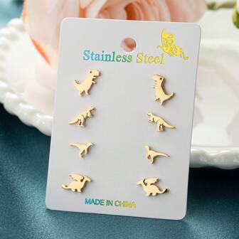 4 Pairs /Lot Of Stylish Cute Stainless Steel Dinosaur Earrings, Minimalist Animal Studs, Pet Lovers Collection