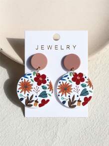 1 Pair Women Daisy Flower Printed Clay Texture Cute Elegant Acrylic Round Earrings - Multicolor - View 1
