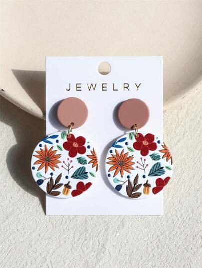 1 paire de boucles d'oreilles rondes en acrylique, texture d'argile, jolies et élégantes, avec imprimé fleur de marguerite pour femmes
