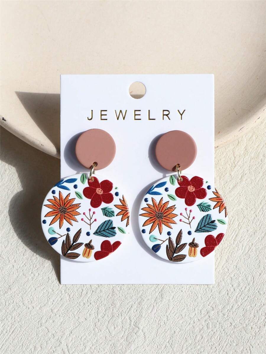 1 Pair Women Daisy Flower Printed Clay Texture Cute Elegant Acrylic Round Earrings - Multicolor - View 1