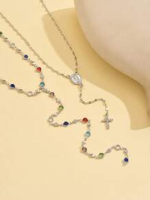 2 pièces/Set Collier long en forme de Y argent avec pendentif croix classique, chaîne polyvalente pour pull pour femmes, peut être porté seul ou en superposition avec d'autres colliers longs de couleurs différentes (couleur aléatoire) - Argent - Voir 4