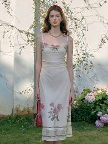 Simple Retro Ladies' Summer Contrast Color Square Neckline Placement Print Romantic Elegant Vintage Bodycon Waist Sleeveless Mid-Length Dress Spring Break