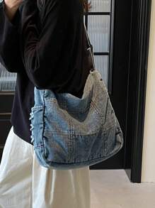 2025 春夏复古时尚休闲洗水牛仔斜挎包，带缝线的百搭单肩包，缝线帆布包，学院风，大容量，可折叠街头风单肩包 - 藍色 - 查看 4