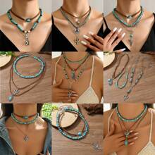 3pcs Retro Faux Turquoise Necklace Set, Bohemian Style Beaded Necklaces With Cactus, Heart And Boot Charms, Suitable For Daily Wear - Multicolor - View 9