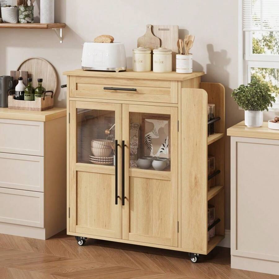 Ataucjin Kitchen Storage Island,Wooden Rolling Kitchen Island On Wheels With Thicker Wooden Top,Kitchen Cart With Storage Cabinet,Portable Trolley Island With 3 Spice Rack And Drawers,For Kitchen,Dining Room