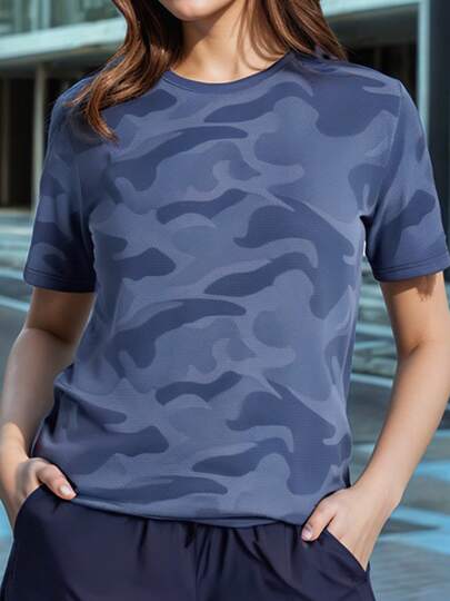 夏季健身女式户外运动 T 恤，跑步健身上衣，弹力速干迷彩运动服