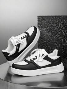 Men's Classic Fashion Colorblock Lace-Up Casual Sneakers, Stylish Outdoor Street Wear Round Toe Thick Sole Low-Top Shoes - White and Black - View 5