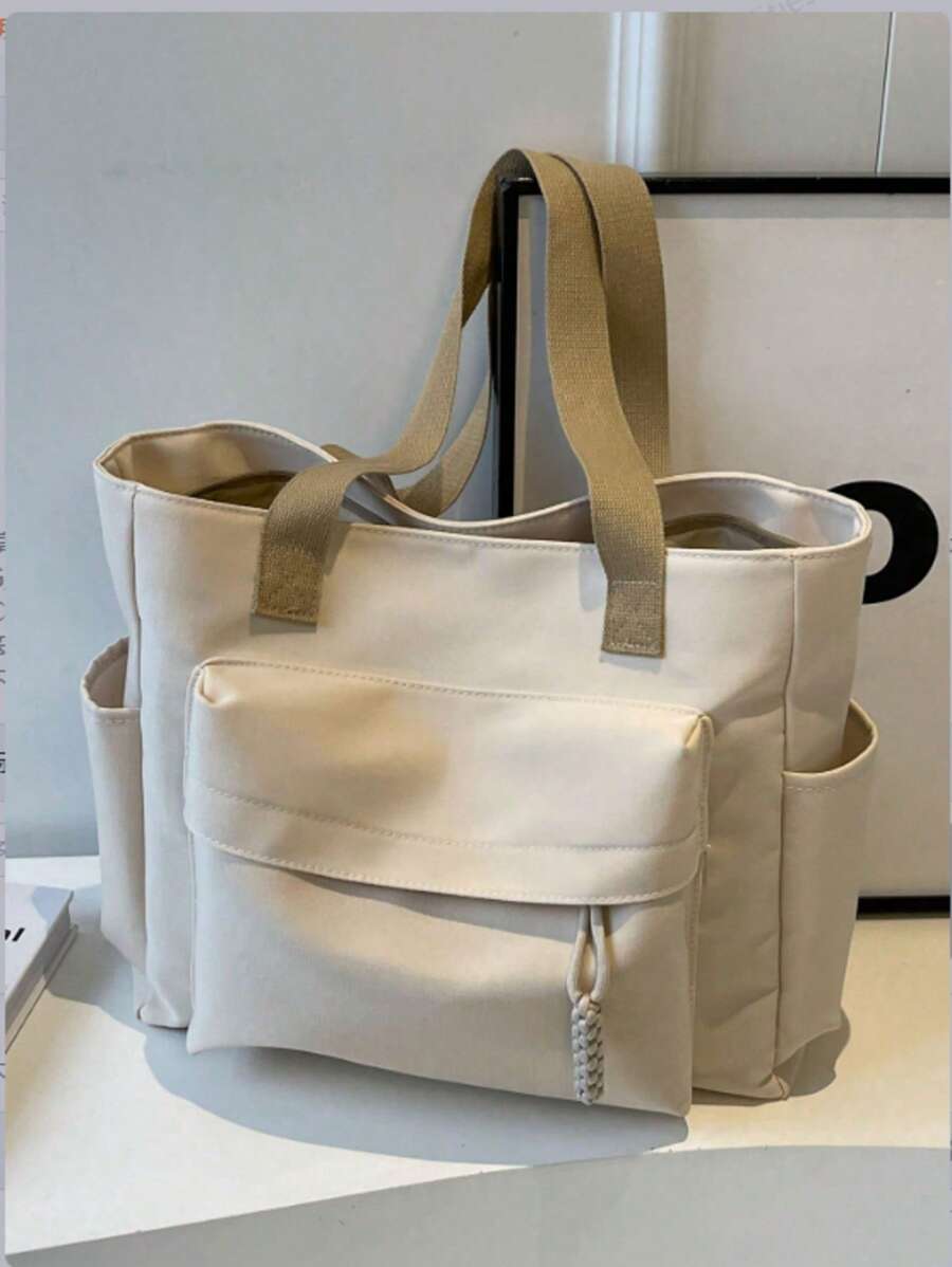1pc Beige Nylon Casual Tote Bag, Minimalist Design Lightweight Large Capacity Women Shoulder Bag, Suitable For School And University, Multi-Pocket Canvas Handbag, Artistic Style School Bag & Bookbag For Women Or Students, Perfect For Books, Shopping, Back To School And More, Tote Bags For School,College Essentials