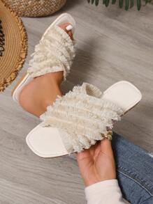Women Handmade Tassel Criss Cross Square Toe Flat Sandals, Comfortable & Versatile, Beige Beach Slippers