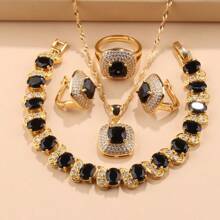 18K Gold Plated Colorful Cubic Zirconia Fashion Party Luxury Quality Wedding Bridal Square Jewelry Sets For Women Necklace Pendant Earrings Bracelet Ring 5 Pieces Sets Gift - Green - View 4