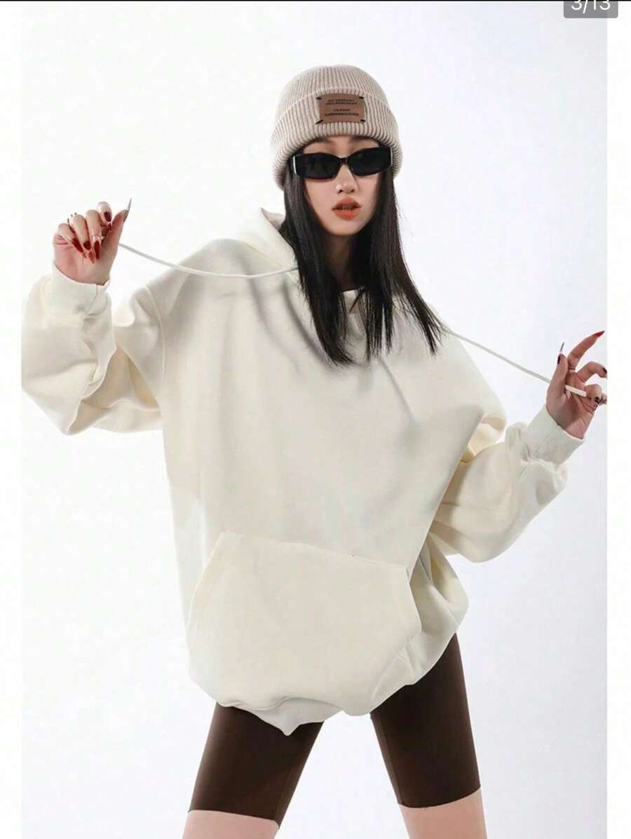 Women's Solid Color Hooded Sweatshirt With Lining And Drawstring - Beis - Ver 1