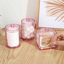 Qtip 支架分配器带盖 - 10 盎司浴室收纳盒，用于化妆棒球浴盐梳妆台罐台面收纳罐，透明粉色，适用于假日海滩、浴室收纳、卧室收纳，大容量 - 粉色 - 查看 4