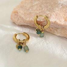 1 对不锈钢女士金环耳环，绿色天然石吊坠耳环，复古时尚珠宝 - 金色 - 查看 2