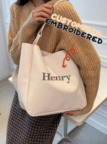 1pc Customized Embroidered Women Tote Bag, Shopping Leather Handbag, Leather Tote Bag, Women Leather Tote Bag, Women Leather Shoulder Bag, Ladies Travel Shoulder Bag - Multicolor - View 2