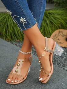 Women's Fashion Transparent Chunky Heel Sandals With Gold Rivets Decor, Paired With Crystal Block Heel, Stylish And Eye-Catching, Suitable For Women, Suitable For Daily Wear Or Street Photography - Gold - View 2