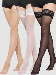 3/2/1 双女式过膝长袜，透明蕾丝过膝袜
