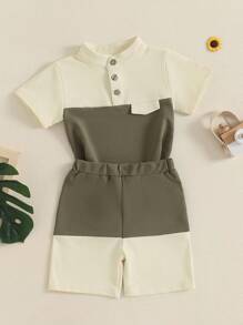Little Boy Summer Clothes Contrast Color Henley Short Sleeve Pocket T-Shirt With Elastic Waist Shorts Outfit