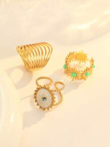 Set de 3 anillos de acero inoxidable en dorado, blanco con turquesa y verde con girasol, adecuado para uso diario o como regalo - Amarillo Oro - Ver 3