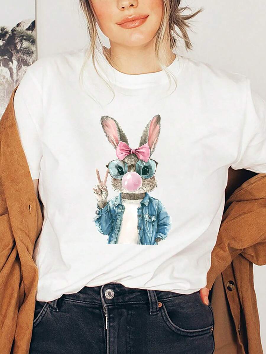 Easter Bunny Blowing Bubbles  Graphic Print T-Shirt, Short Sleeve Crew Neck Casual Top For Summer & Spring, Women's Clothing