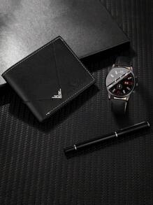 1pc Men Casual Watches Luxury Romantic Senior Business Casual For Men Calendar Pointer Button Battery Pu Leather Quartz Watch+1pc Ballpoint Pens +1pc Men Wallet School Graduation Birthday Valentine's Day Father's Day Thanksgiving Romantic Gifts For Him
