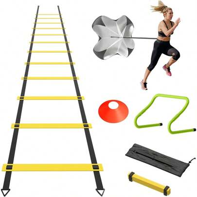 TRMLBE Fussball Trainingsset Speed & Agility Trainingszubehör für Fußball inkl. Einstellbare Abstände Koordinationsleiter, Höhenverstellbar Hürdenlauf, Widerstandsschirm, Hütchen & Tragtasche