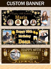 Custom Happy Birthday Banner With Photo Text Personalized Birthday Banner Black And Gold Birthday Decorations Party Supplies Customize Happy Birthday Yard Sign Backdrop - Multicolor - View 1