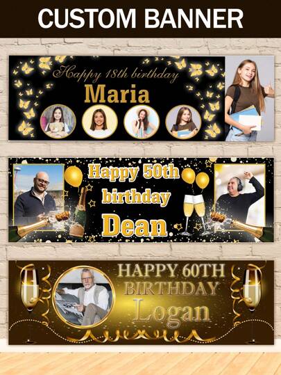 Custom Happy Birthday Banner With Photo Text Personalized Birthday Banner Black And Gold Birthday Decorations Party Supplies Customize Happy Birthday Yard Sign Backdrop