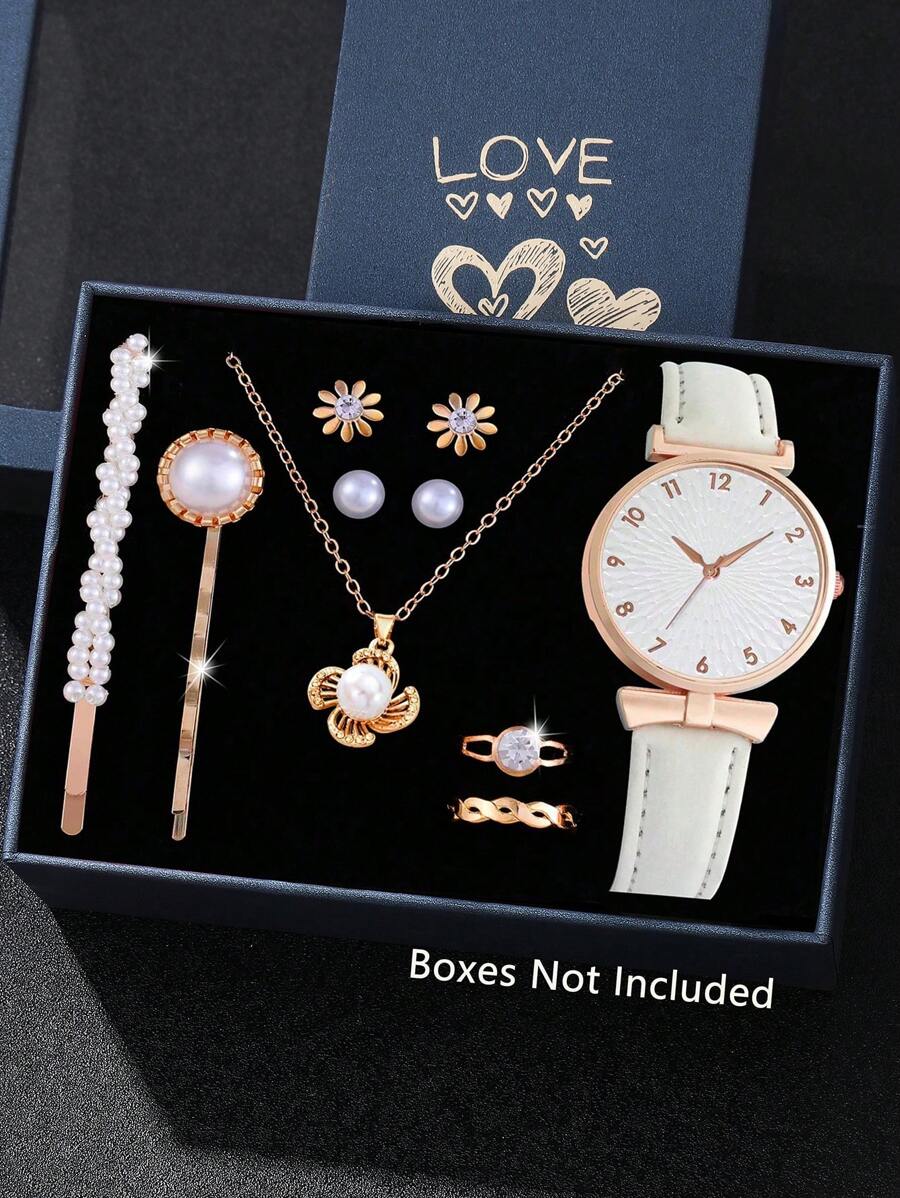 女士手表 1 件时尚休闲华丽数字套装圆形表盘石英表和 9 件仿珍珠项链、耳环、戒指首饰套装适合女性派对、节日、生日佩戴或作为姐妹，是送给女士的最佳礼物（无盒）