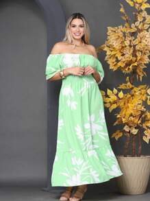 WOMEN'S LONG MIDI DRESS WITH PUFFED SLEEVES, RUFFLED, OFF-THE-SHOULDER, TRES MARIAS FLORAL - Mint Green - View 4