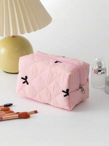 Fresh And Simple Series, New Embroidered Bow Quilted Storage Bag, Cute Ladies Cosmetic Bag, Used For Cosmetics, Headphones, Data Cables, Change, Stationery Storage, Suitable For Students And College Students Cosmetics Items Storage Belongings, Travel Shopping And Business Trips, The First Choice For Holiday Gifts