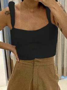 Womens Square Neck Tank Tops Fashion Sleeveless Solid Color Knit Tops Slim Fit Shirts - Black - View 4