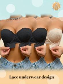 Conjunto de 3 Sutiãs Peach Girl em Renda Multicolorida para Mulheres com Efeito Push-Up para Seios Pequenos e Botões Frontais Invisíveis - Multicolorido - Ver 1