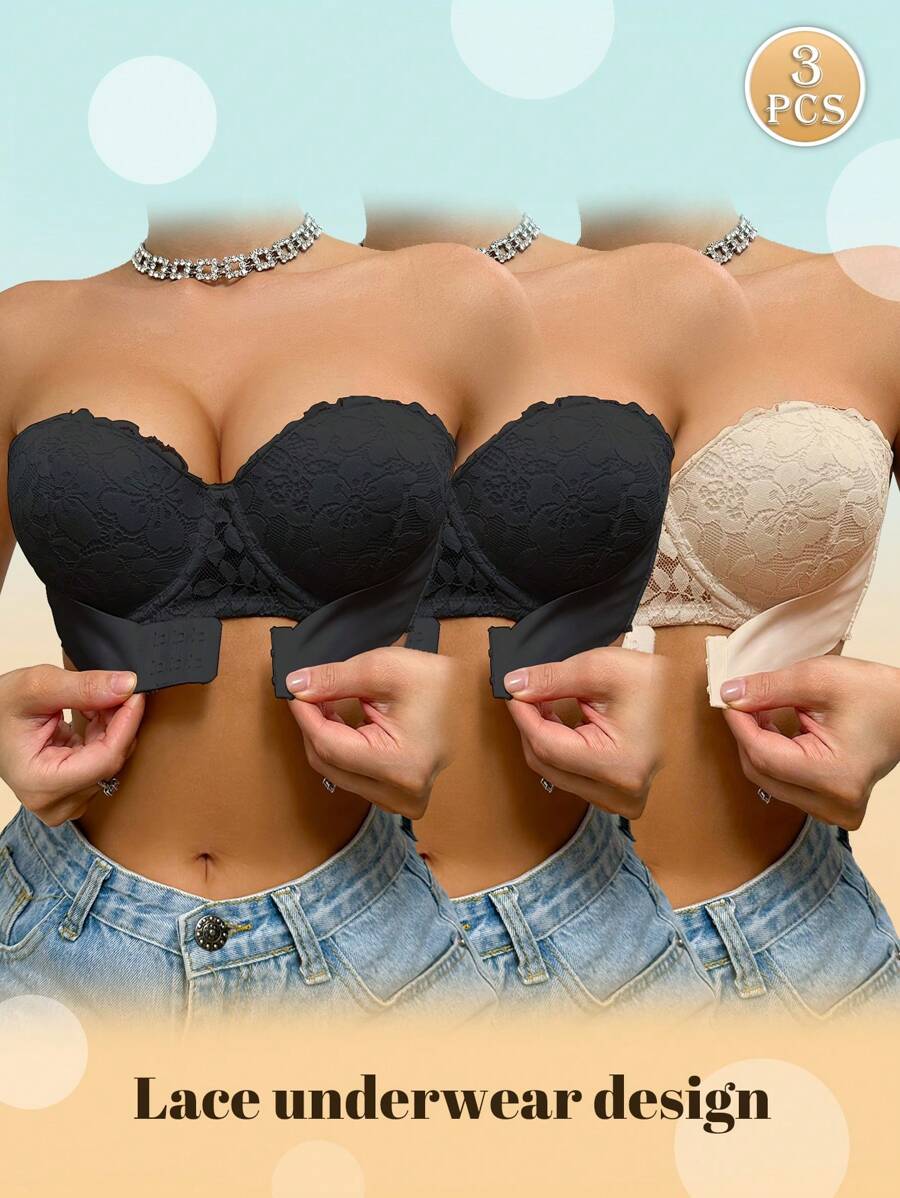 Conjunto de 3 Sutiãs Peach Girl em Renda Multicolorida para Mulheres com Efeito Push-Up para Seios Pequenos e Botões Frontais Invisíveis - Multicolorido - Ver 1