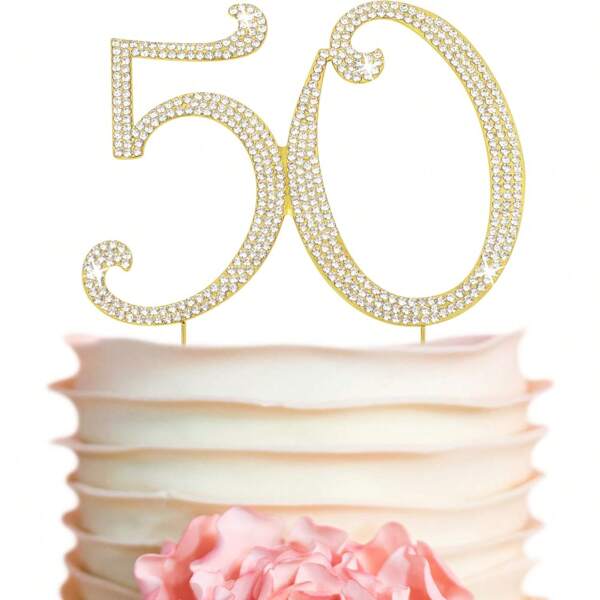 Decoración para pastel de 50 años - Toppers para fiesta de 50th cumpleaños o aniversario de bodas de oro con brillantes de rhinestone