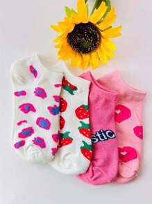 1/4 双心形草莓字母图案提花短袜 - 彩色 - 查看 1