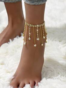 1 件女士水钻流苏脚链，简约双层泪珠吊坠脚链，适合派对 - 彩色 - 查看 3