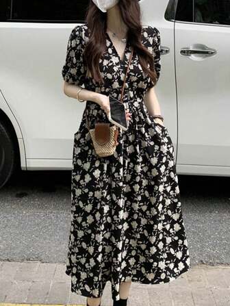 Women's Short Sleeve Ditsy Floral Midi Dress, Girly Style